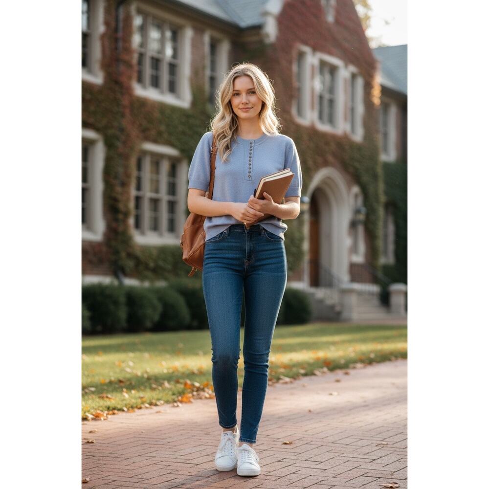 Böhme Sweater Women L Blue Pullover Buttons Short Knit Y2K Puff Sleeve Preppy